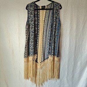 ANGIE Crochet Detailed Open Front Duster Vest Boho Hippie Fringe Hem Medium